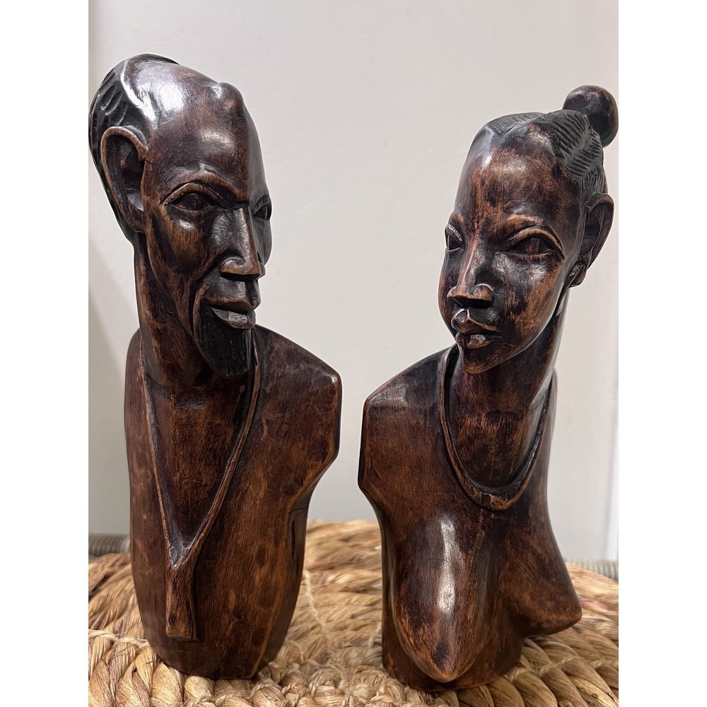VTG Bali Indonesian Wood Busts HAND Carved Set Woman & Man Sculptures 8" High